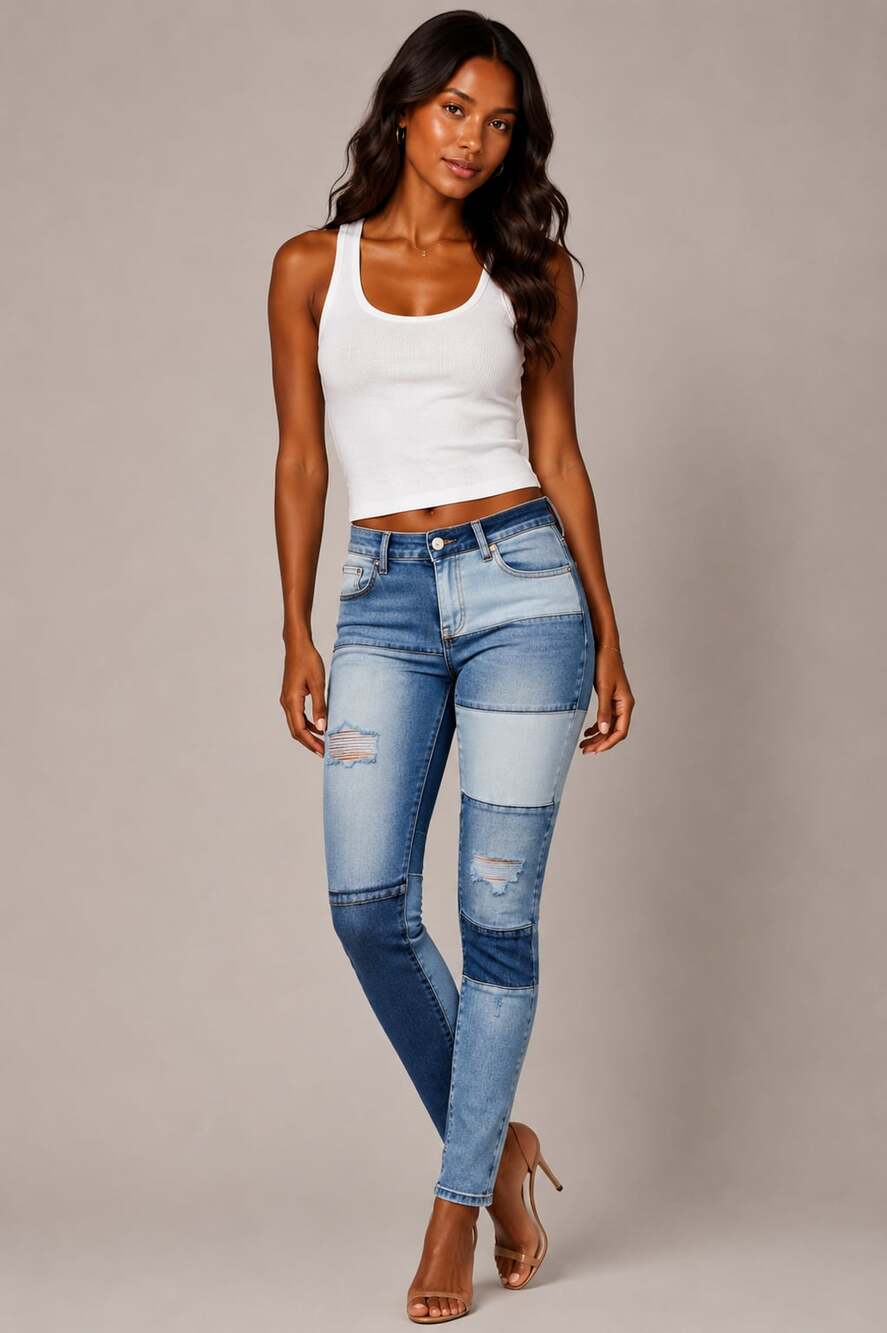 Venus Patchwork Distressed Skinny Jeans